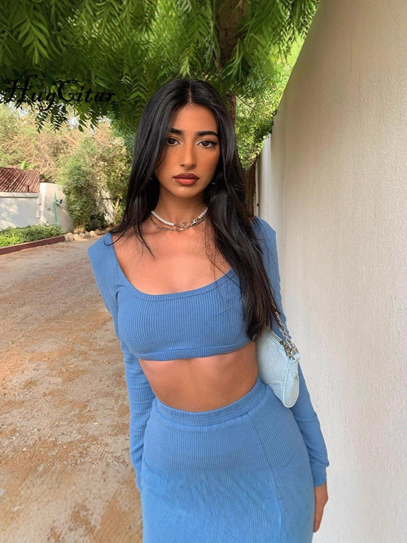 Fashion Women's Rib Long Sleeve Camisole Top Sexy Slit Tight-Fitting Bodycon Short Skirt Set 6