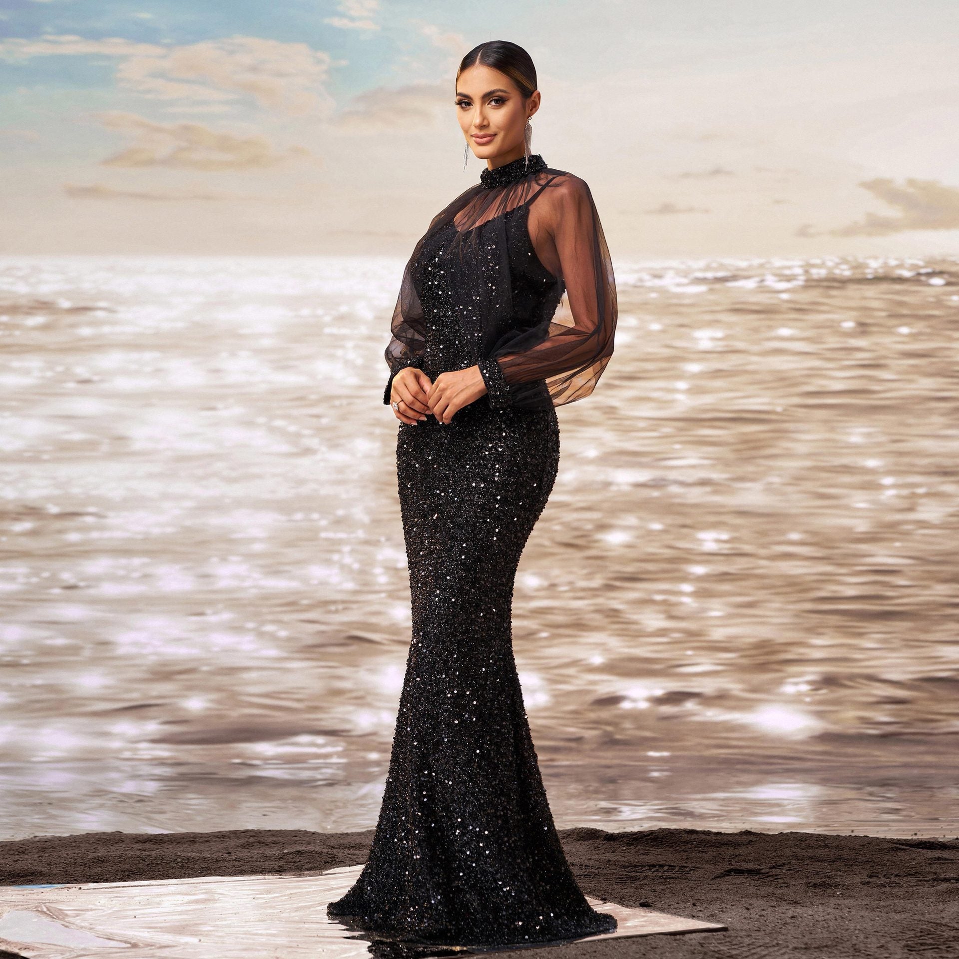 Women long sleeve Round Neck Bodycon Formal Party sequined fishtail evening dress 5