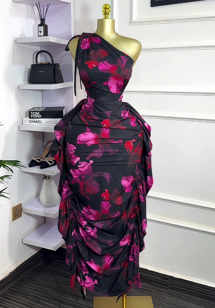 One-Shoulder Slash Neck Floral Tie-Front Ruffle Bodycon Dress