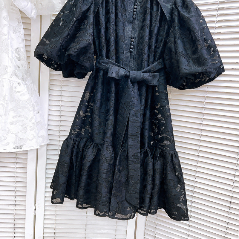 Women Round Neck Vintage Jacquard Puff Sleeve Casual Belt Dress 20