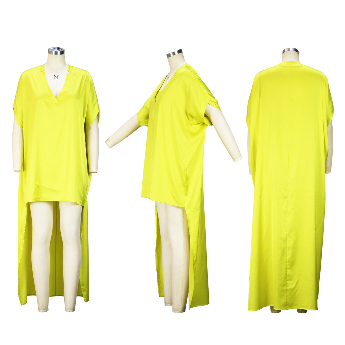 Women's Bat Sleeve V-Neck Fashion Irregular Loose Satin Dress 15