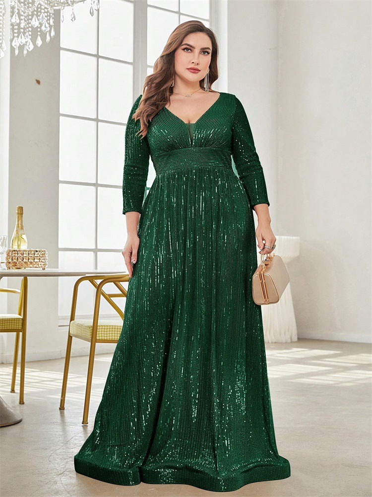 Women Plus Size Sequined Long-Sleeved V-Neck Formal Party Elegant Maxi Dress 5