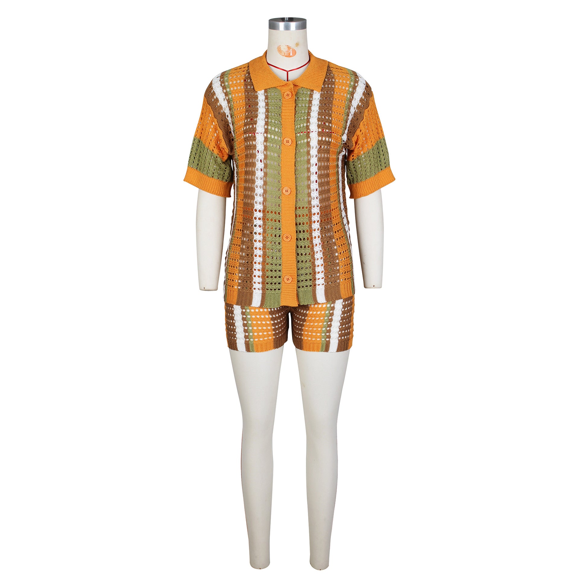 Women Sexy Cutout See-Through Contrasting Color Turndown Collar Top and Shorts Two-Piece Set 18