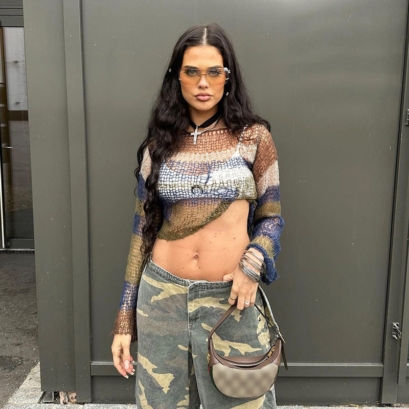 Autumn Women's Casual Contrast Color Knitting Round Neck Street Trendy Long Sleeve Tops For Women 4