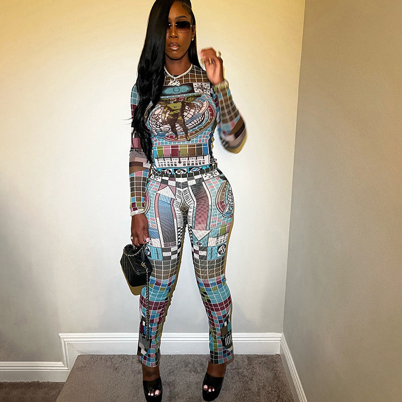 Autumn street trend Tight Fitting print Crop long sleeve top trousers two piece set 7