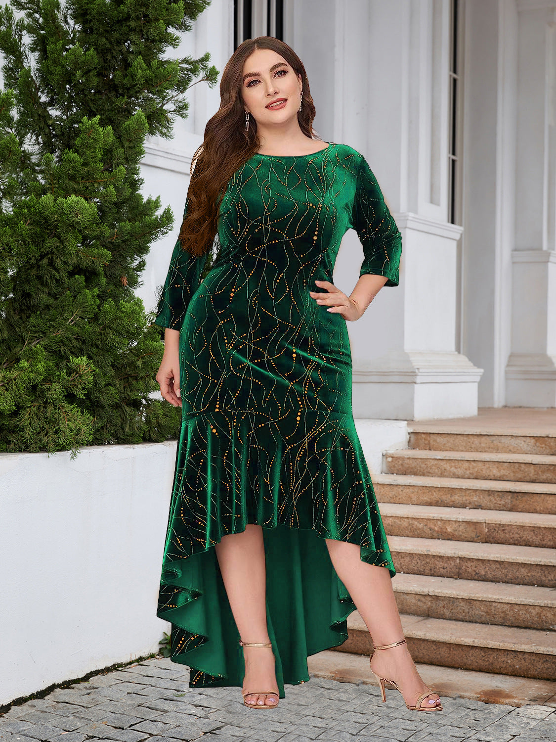 Women's Plus Size Three Quarter Sleeve Mermaid High Low Hem Long Velvet Formal dress 3
