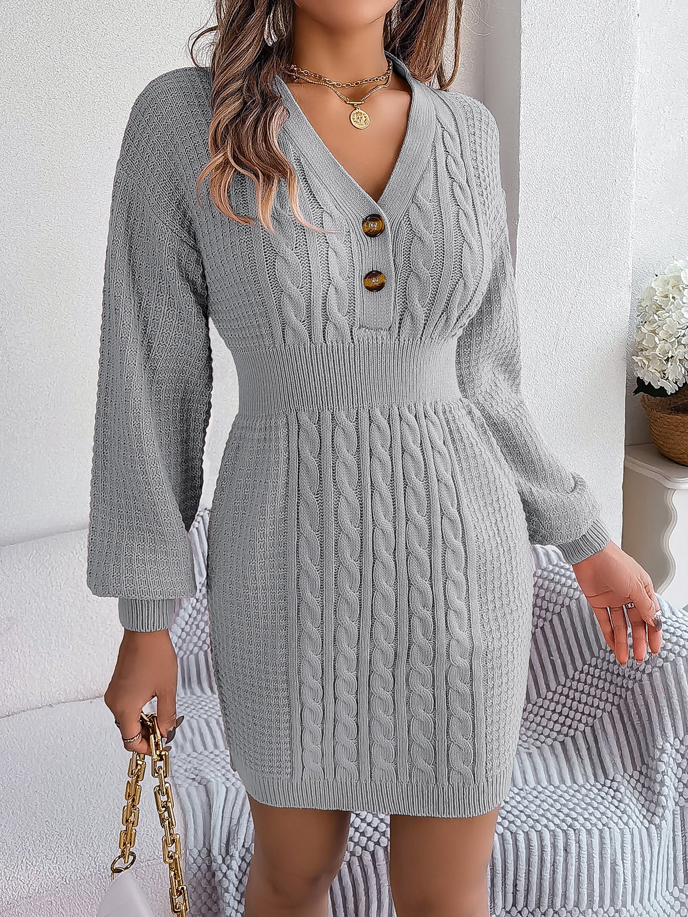 Autumn And Winter Buttoned V-Neck Lantern Sleeves Bodycon Sweater Dress Women's Clothing 13