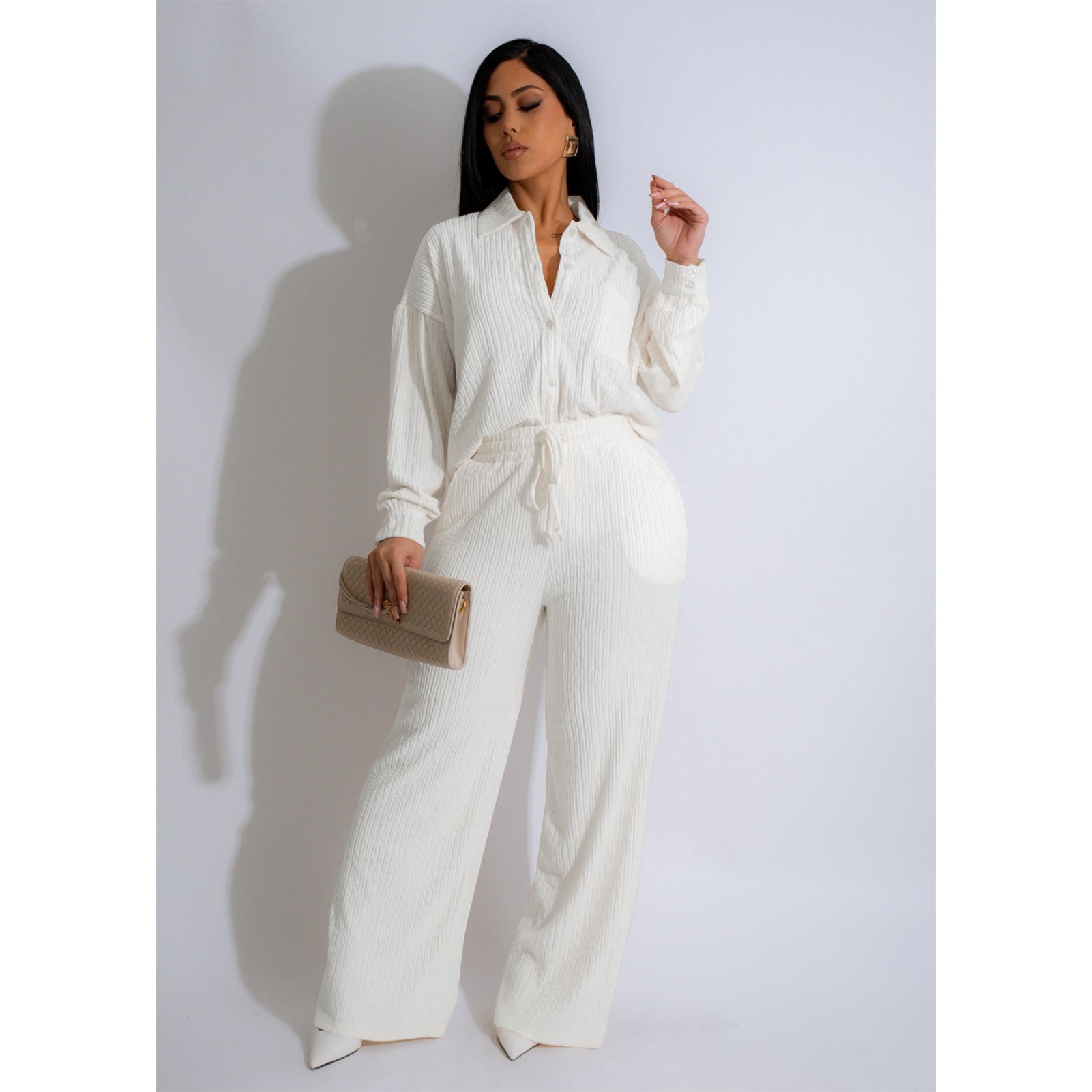 Women Crumpled Lace-Up Top and Pocket Wide Leg Pants Two Piece Set 3