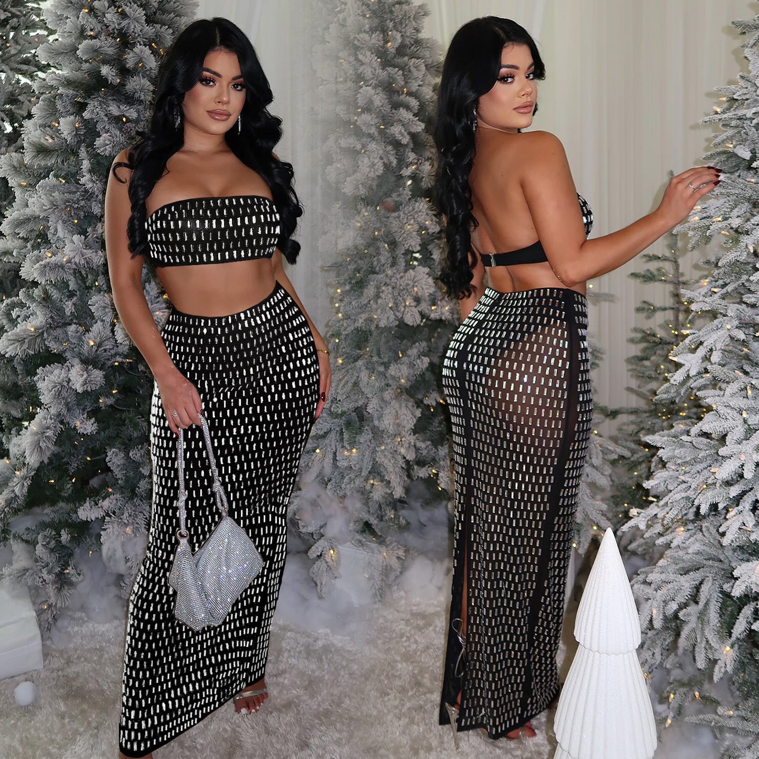 Women's Strapless Beaded Two-Piece Bodycon Skirt Set 5