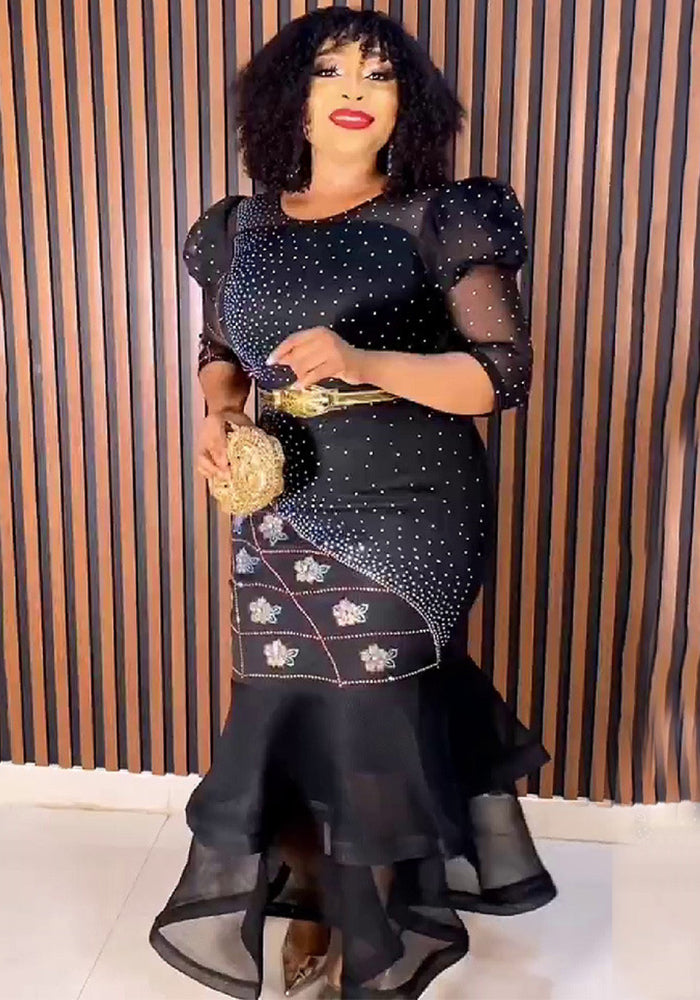 Women African mesh beaded fishtail dress with belt