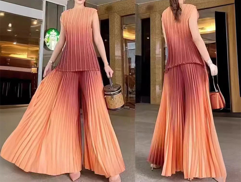 Women's Fashion Pleated Gradient Color Sleeveless Chic Loose Tops Wide-Leg Pants Set 4