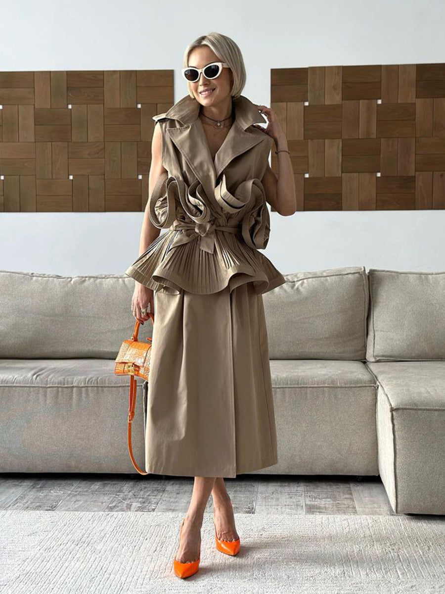 Spring Summer Fashionable Chic Khaki V-Neck Pleated Patchwork Sleeveless Lace-Up Women's Shirt 10