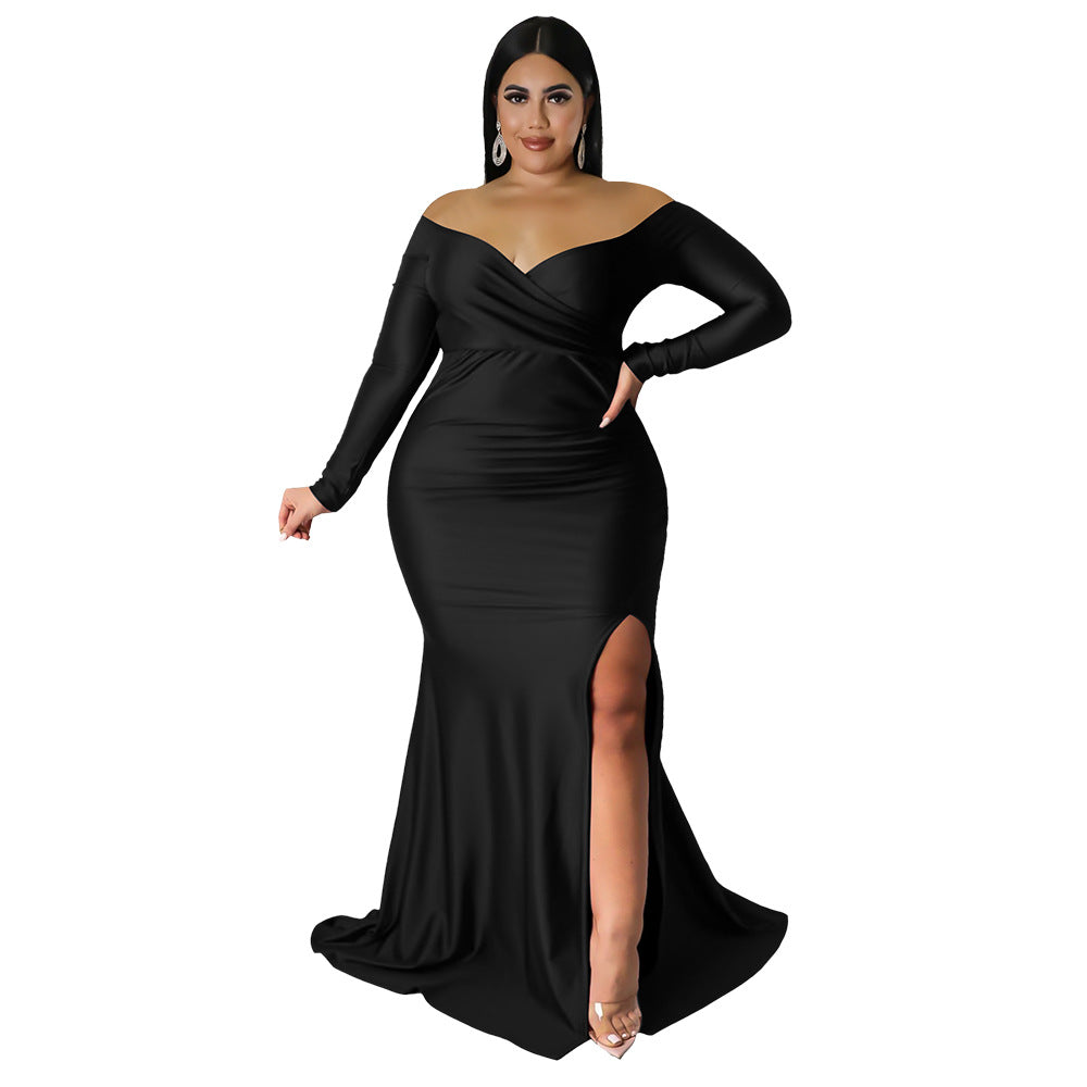 Autumn And Winter Plus Size Women'S Sexy Dress Nightclub V-Neck Solid Color Split Long Dress 5