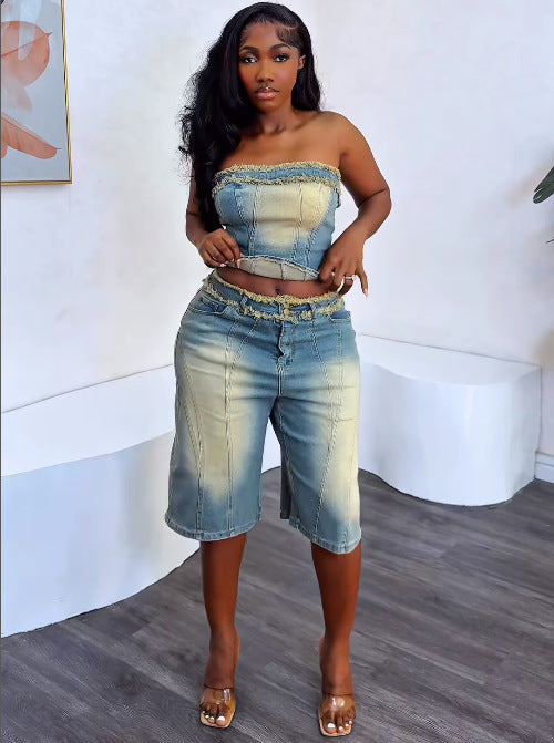 Women Denim Top Denim shorts two-piece set 3