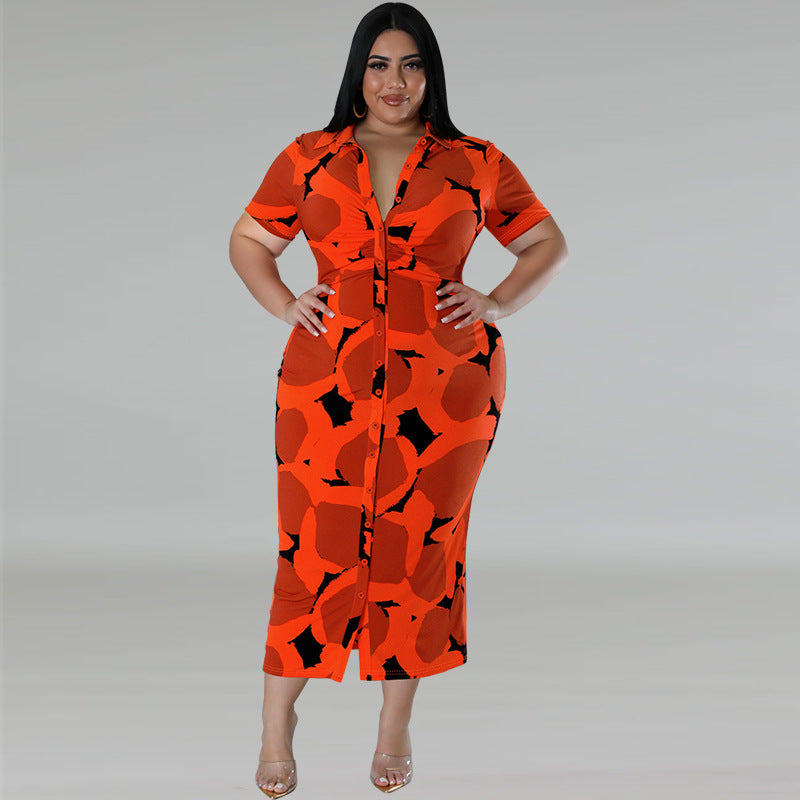 Plus Size Women Button Turndown Collar Short Sleeve Maxi Dress 4