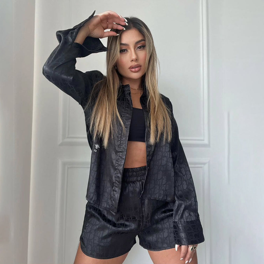 Women Elegant Satin Embroidered Long-Sleeved Top and Shorts Two-Piece Set