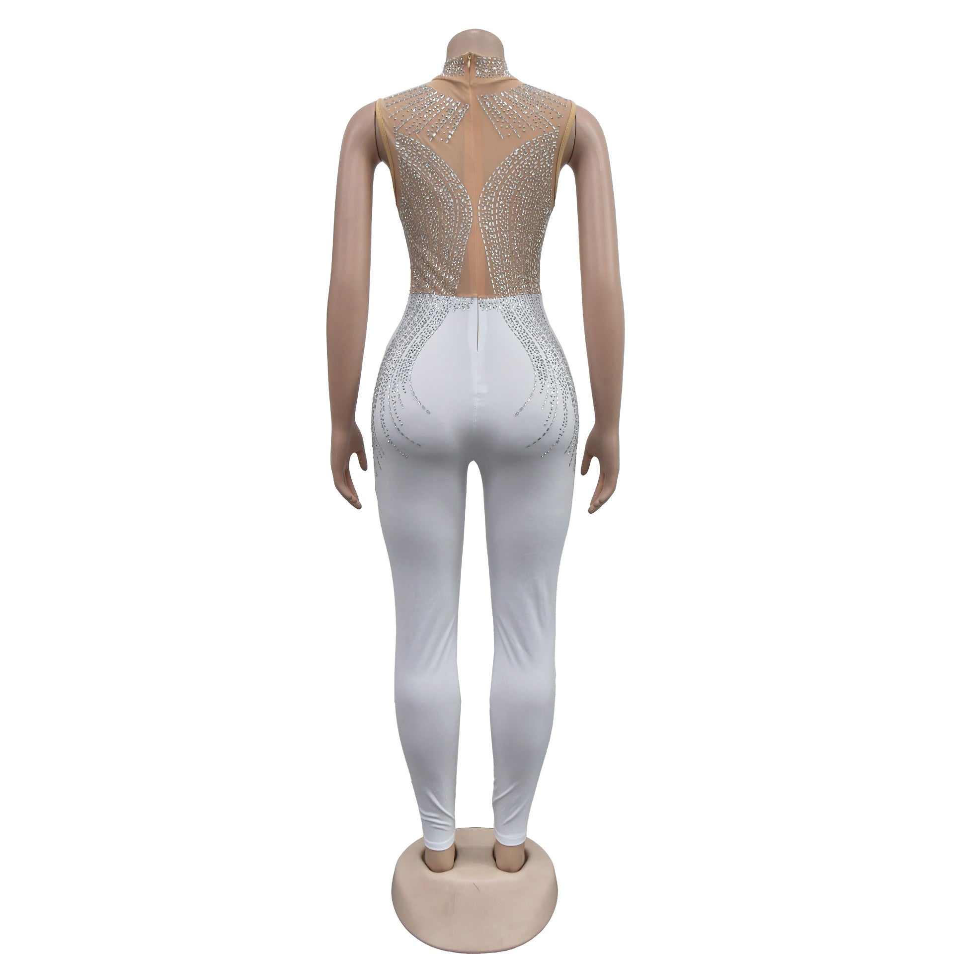 Fashion Women's Solid Color Beaded Mesh Sleeveless Jumpsuit 31