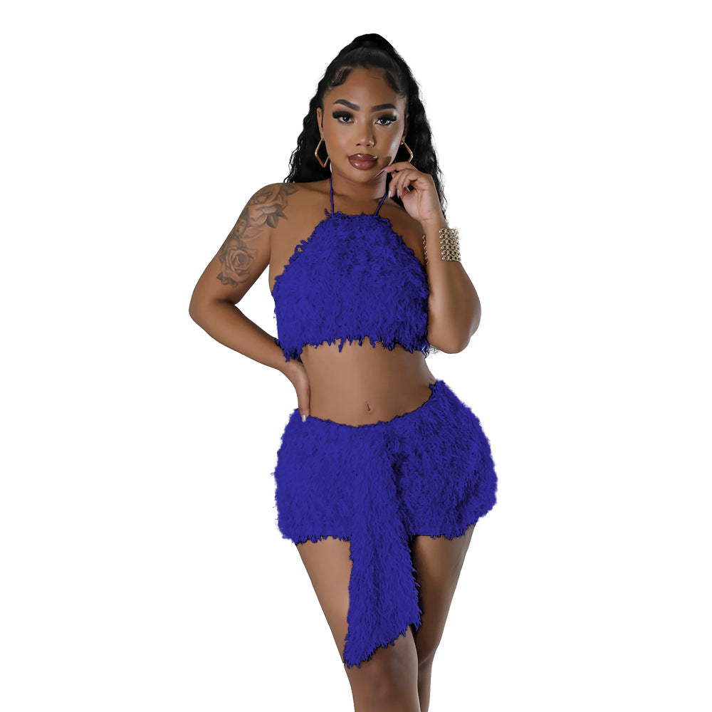 Fashionable Solid Color Halter Crop Top Mini Skirt Two-Piece Set 8