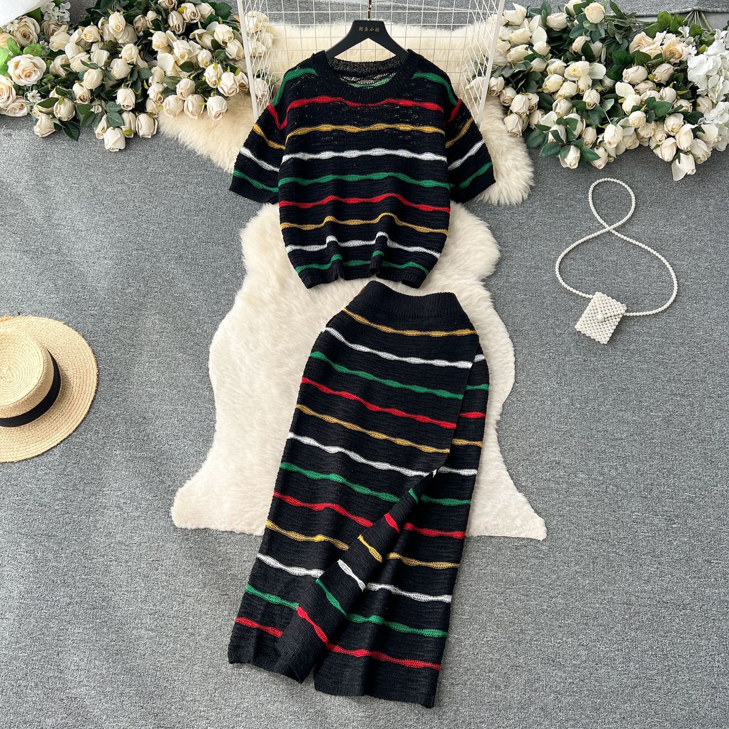 Striped Color-Blocking Loose Round Neck Knitted Crop Top & High-Waist Bodycon Skirt Set 3