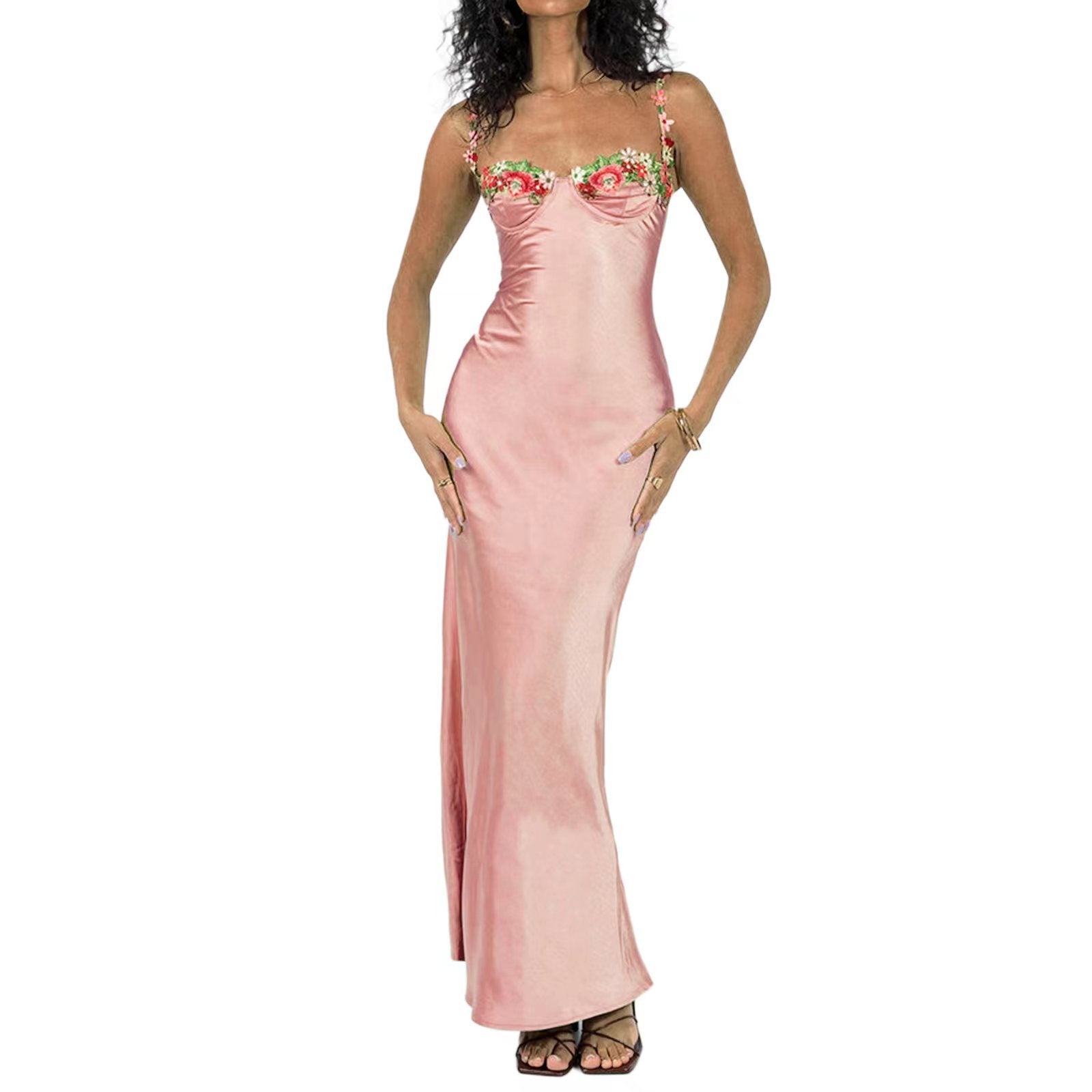 Spring And Summer Fashion Sexy Embroidered Lace Straps Solid Color Long Dress 13