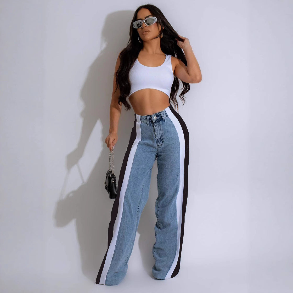 Women's street fashion leopard print patchwork straight denim trousers 5