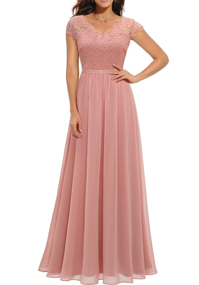 Lace Trim Patchwork Chiffon Slim Waist Maxi Dress 8