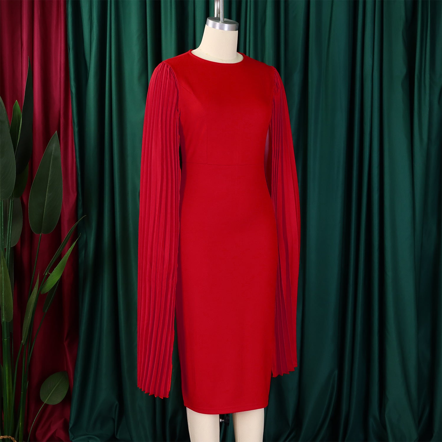 Women's Fashion Solid Color Round Neck Pleated Shawl Sleeve Formal Party Evening Dress 23