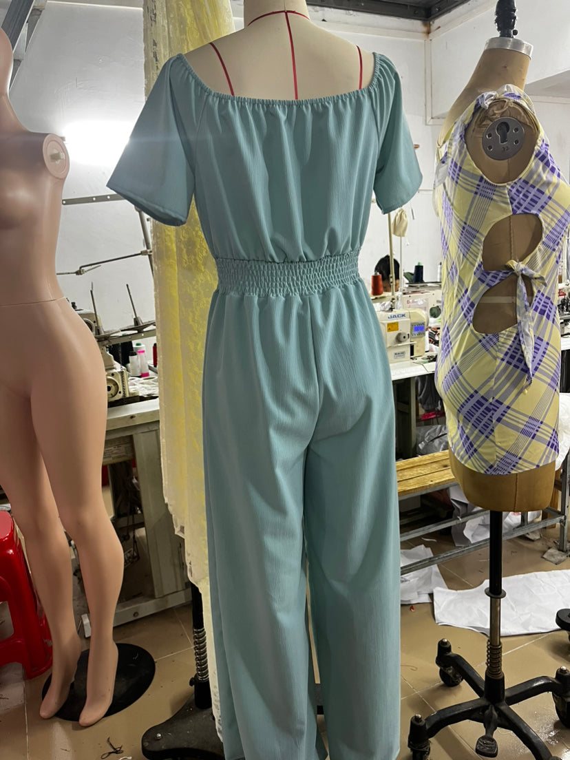 Women Off Shoulder V Neck Loose Straight Jumpsuit 29