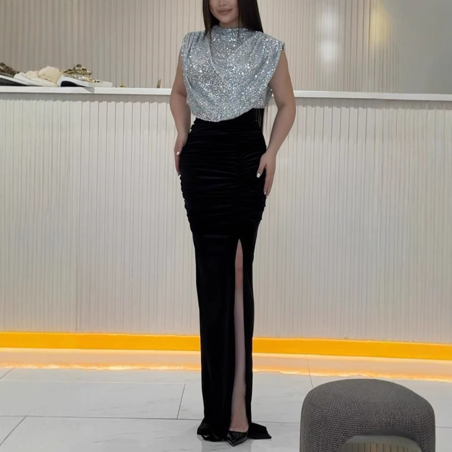 Women sequin patchwork sleeveless slit dress 7