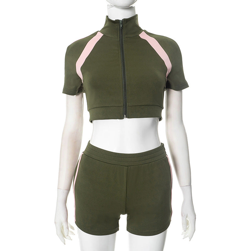 Women spring and summer Turndown Collar Zipper contrast color Top and sports shorts two-piece set 13