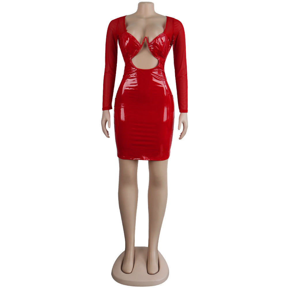 Sexy Women's Solid Color Mesh Leather Patchwork Hollow Long Sleeve Party Dress 15