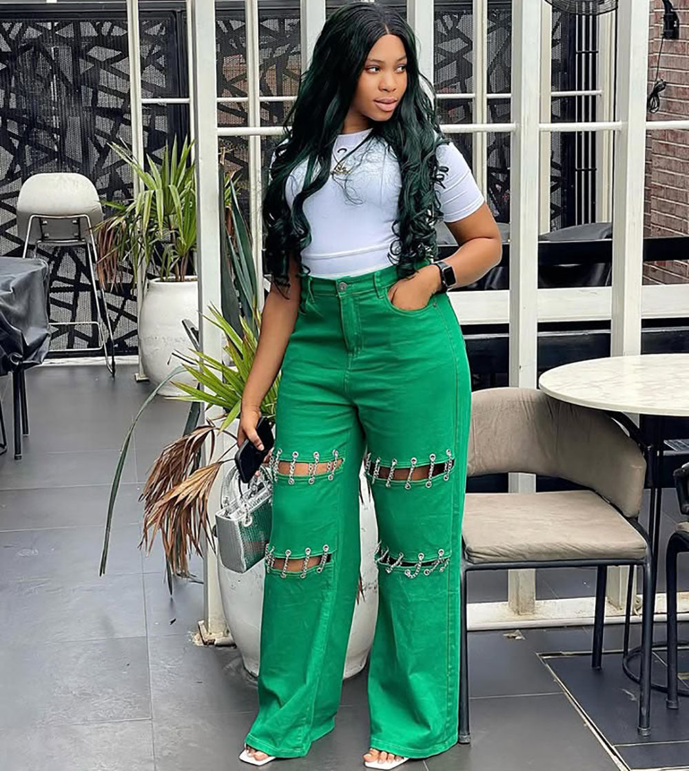 Women's High-Waisted Patchwork Denim Jeans with Studded Chain