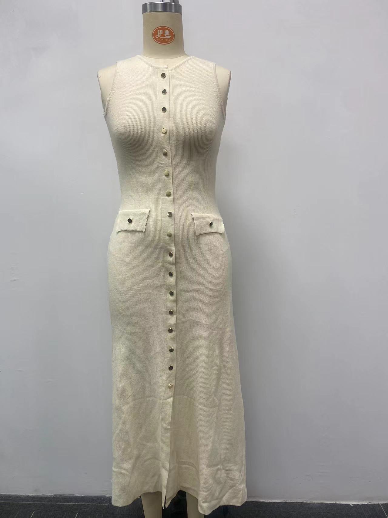 Women Knitting Elegant Sleeveless Button Dress 6