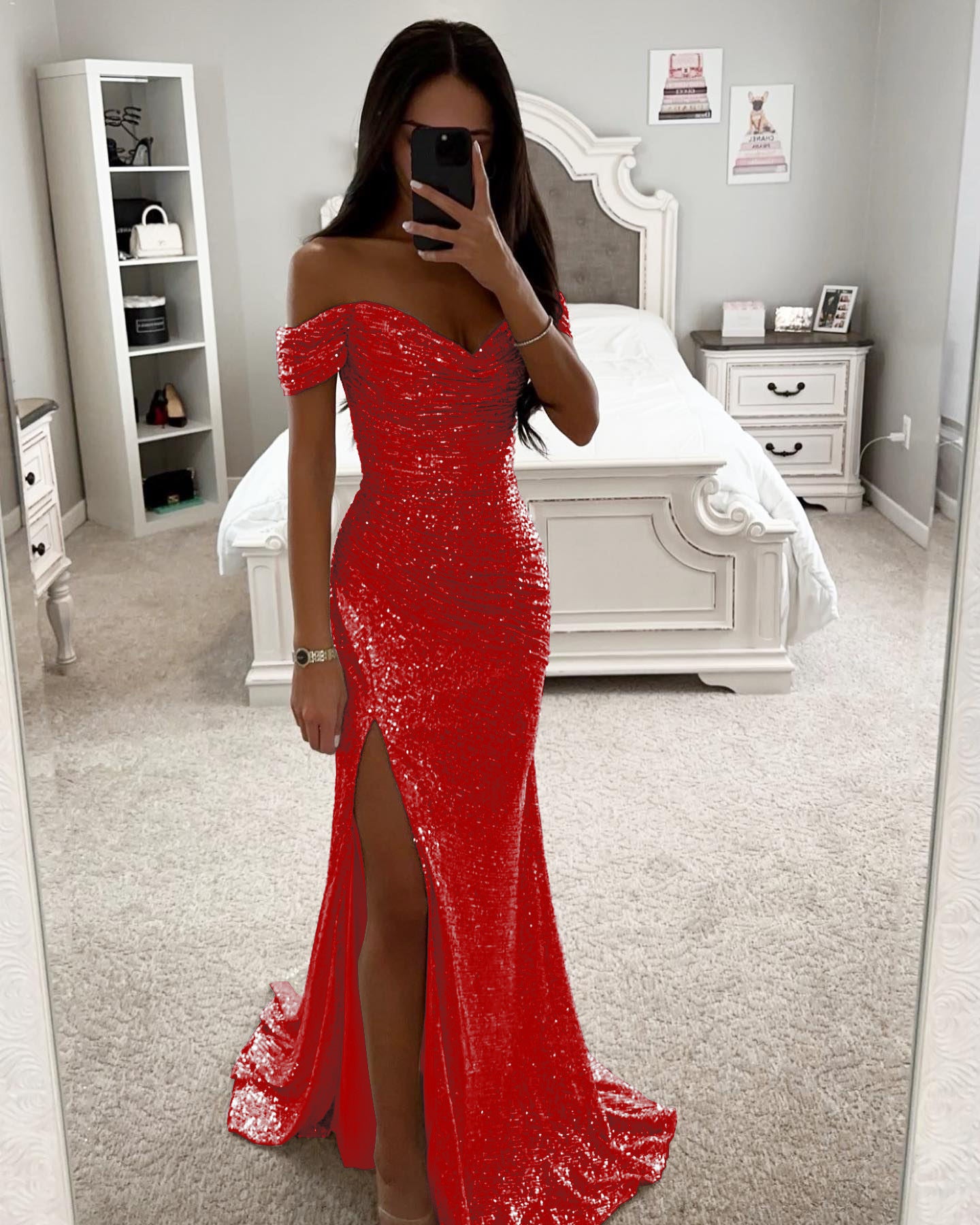 Women Sequin Off Shoulder Slit Dress 27