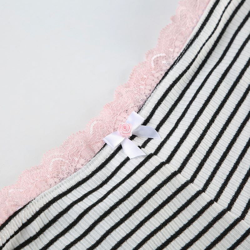 Casual Lace Patchwork Striped U-Neck Vest Low Waist Shorts Women's Two Piece Set 17