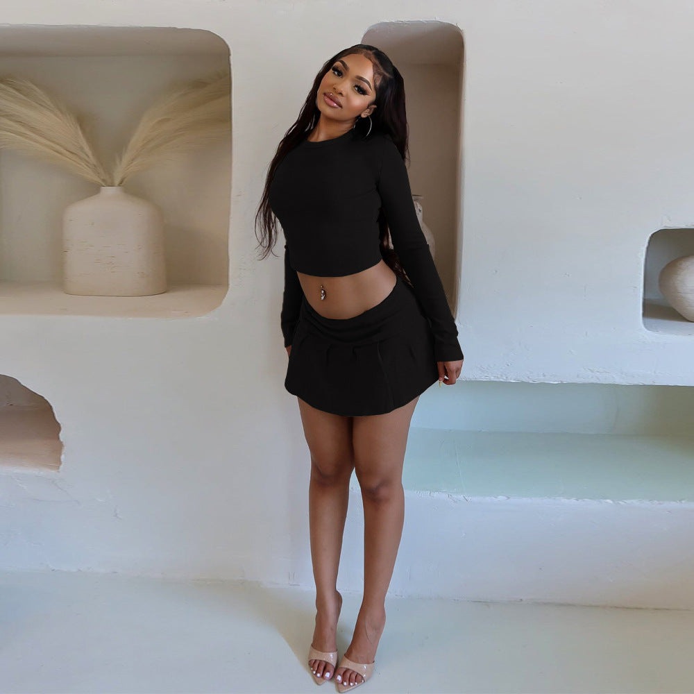 Women's fashion solid color Round Neck Crop slim long-sleeved top pleated short skirt two-piece set