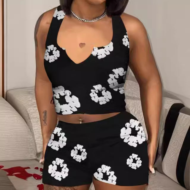 Stylish Casual Trendy Print Vest Shorts Two Piece Set 7