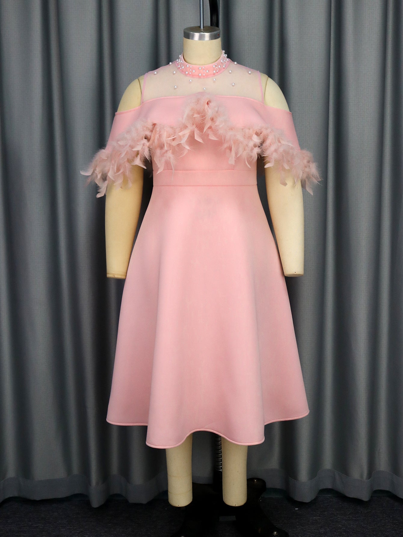 Women Formal Party See-Through Off-Shoulder Feather Dress 3