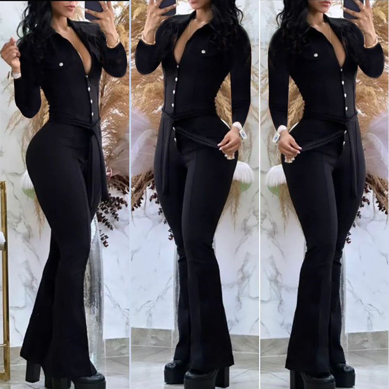 Women Turndown Collar Long Sleeve Bell-Bottom Jumpsuit 5