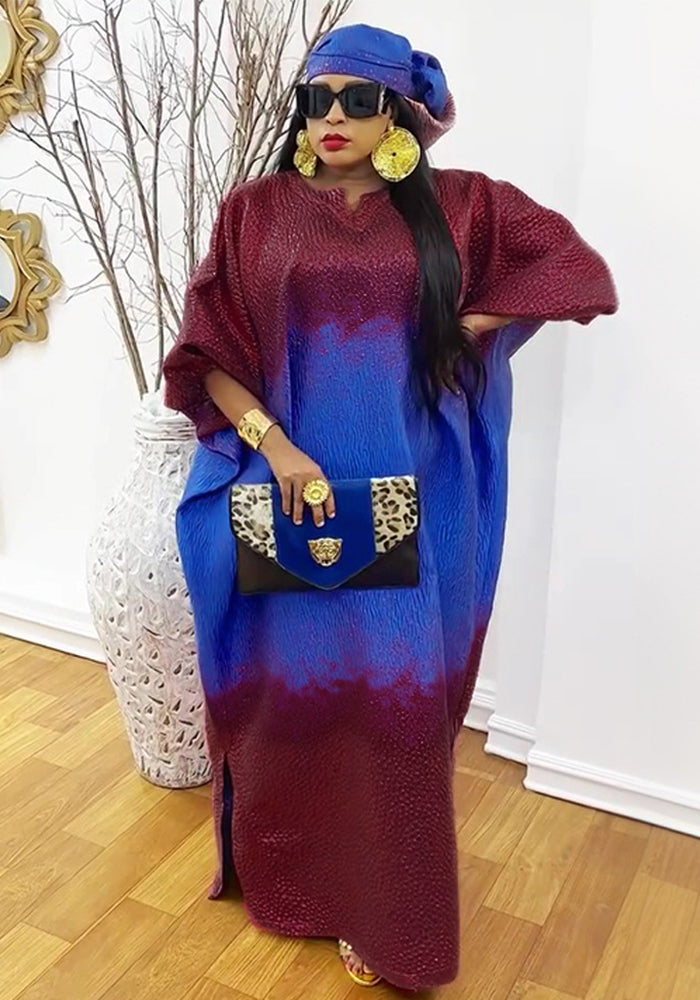 Plus Size African Women Bat Sleeves Colorblock Dress