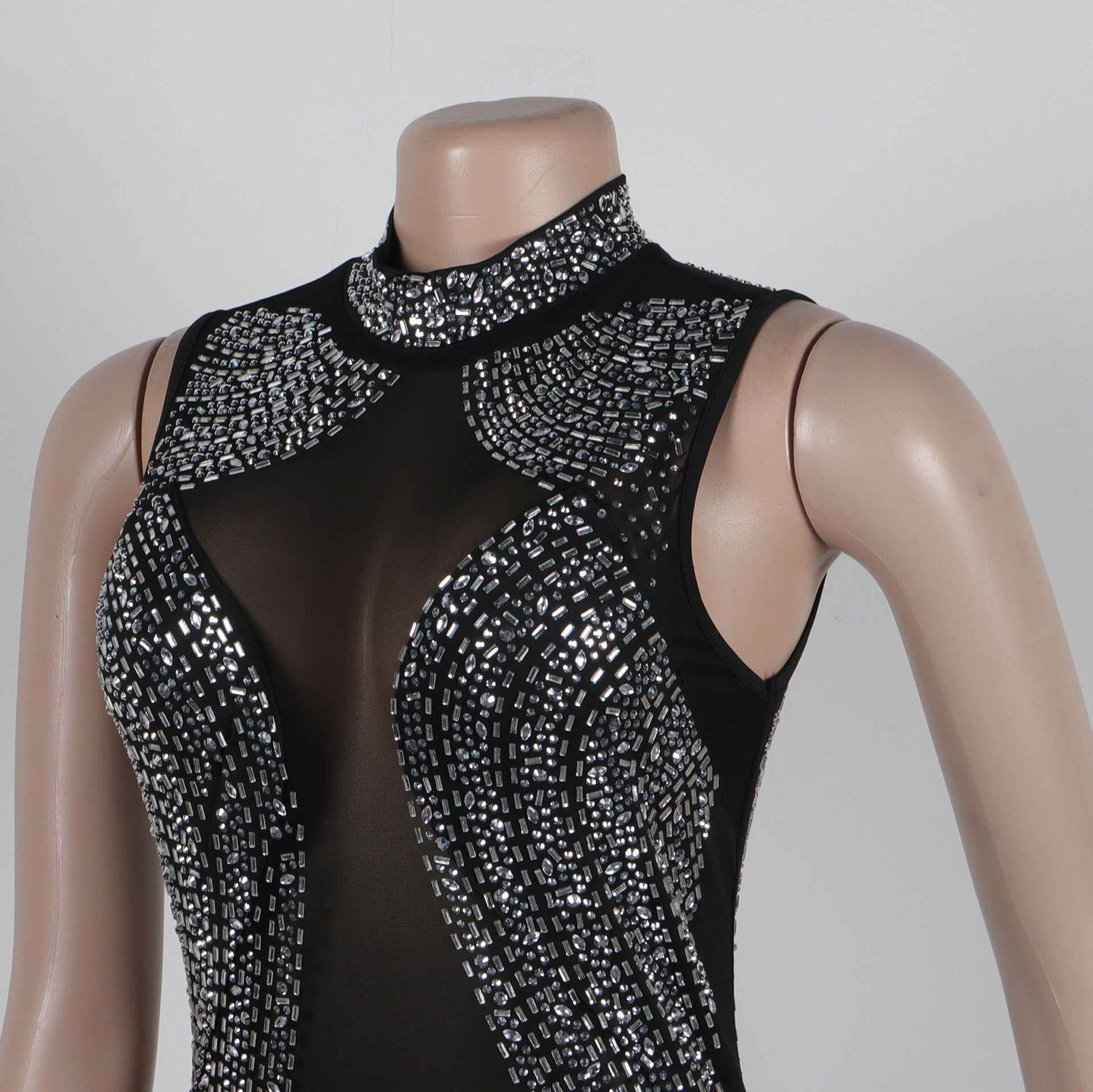 Women Beaded Mesh See-Through Patchwork Sleeveless Slit Dress 18