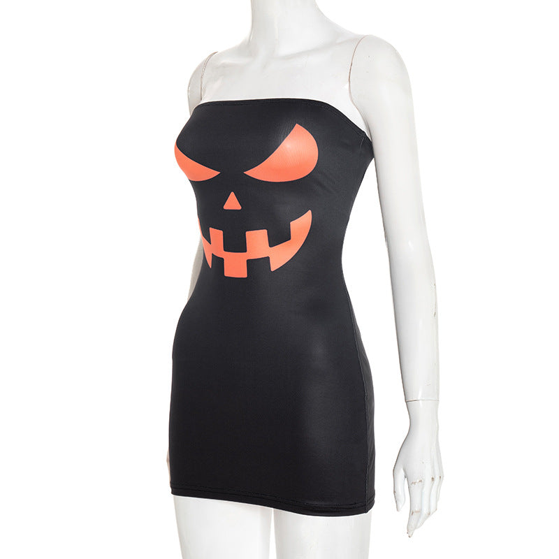 Women's Autumn Strapless Halloween Print Tight-Fitting Mini Bodycon Dress 6