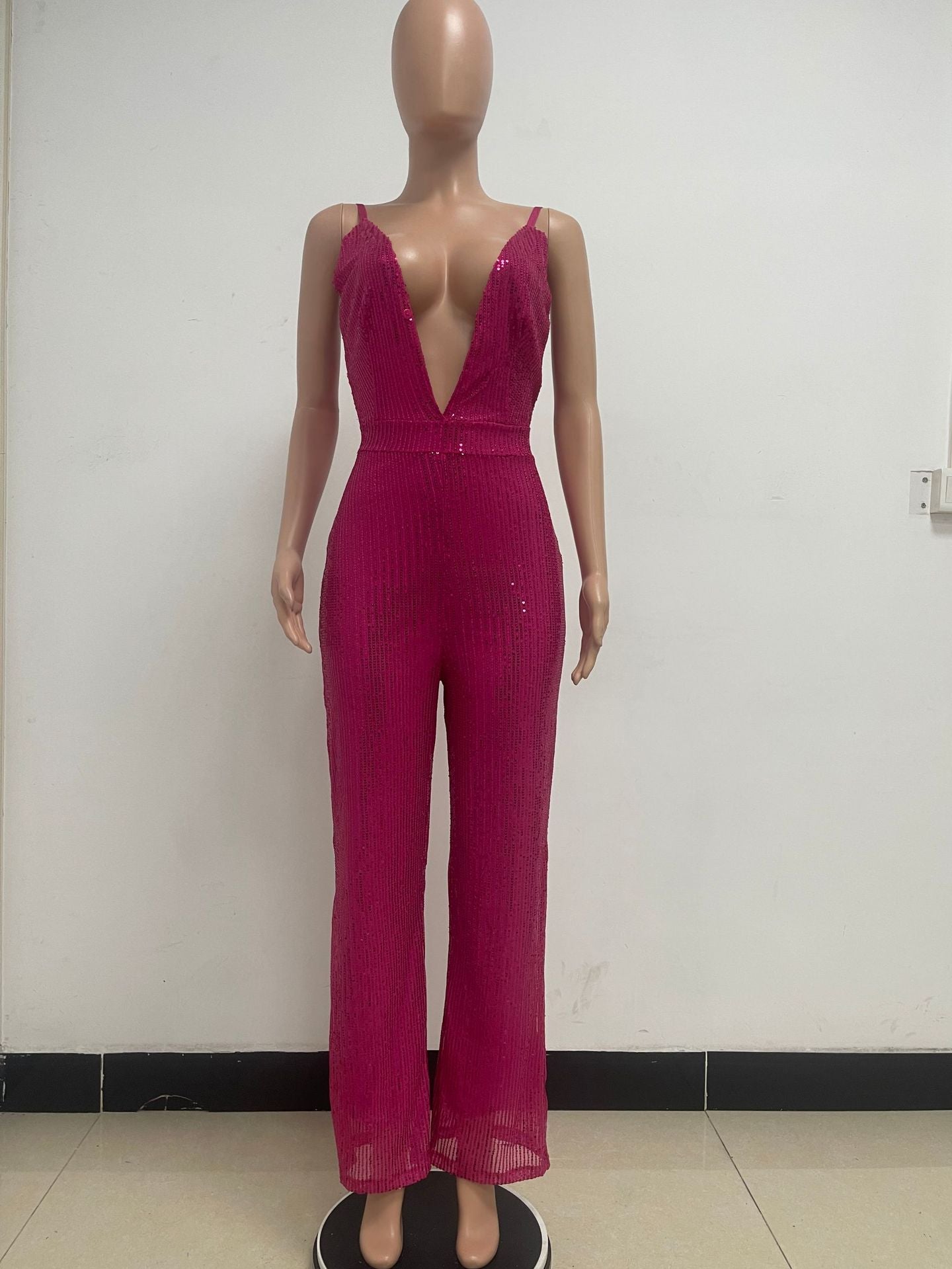 Deep V Neck Low Back Sleeveless Chic Sequined Straps Elegant Women's Party Jumpsuit 66