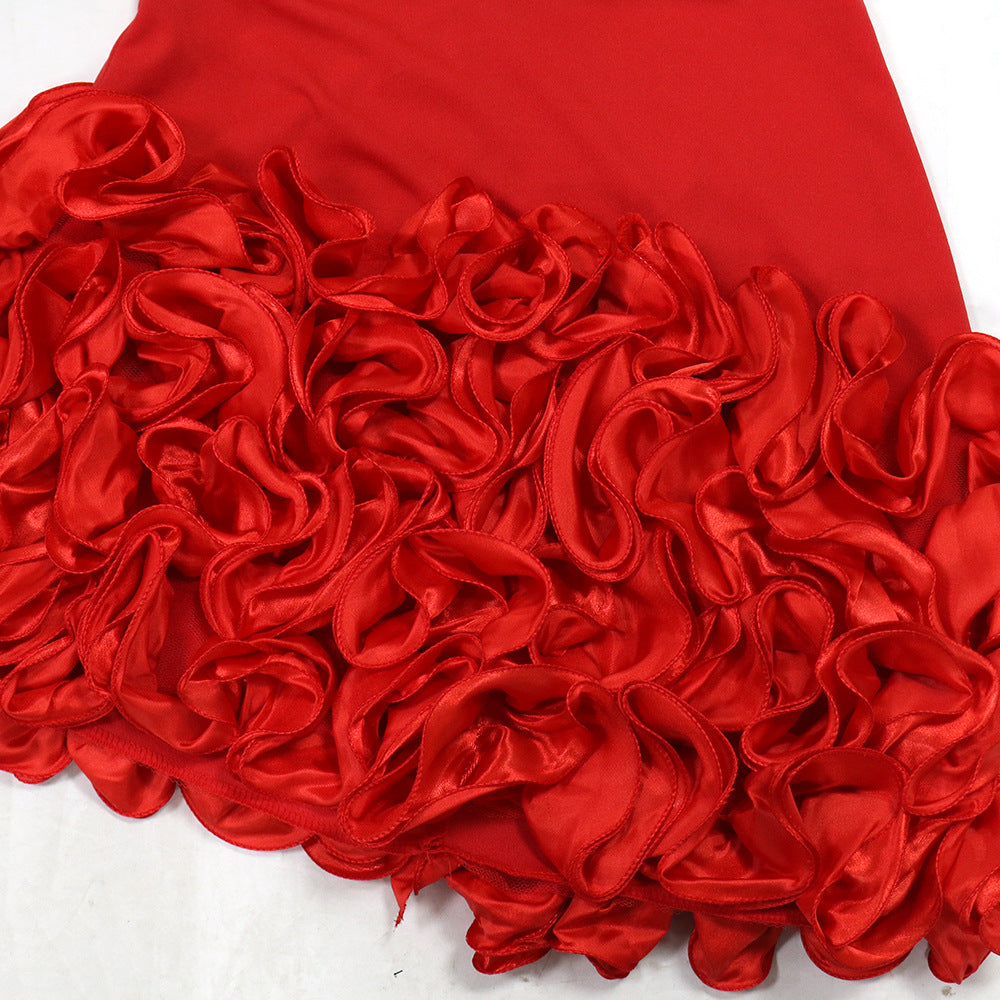 Women Sexy Strapless Solid Lotus Lace Irregular Dress 8