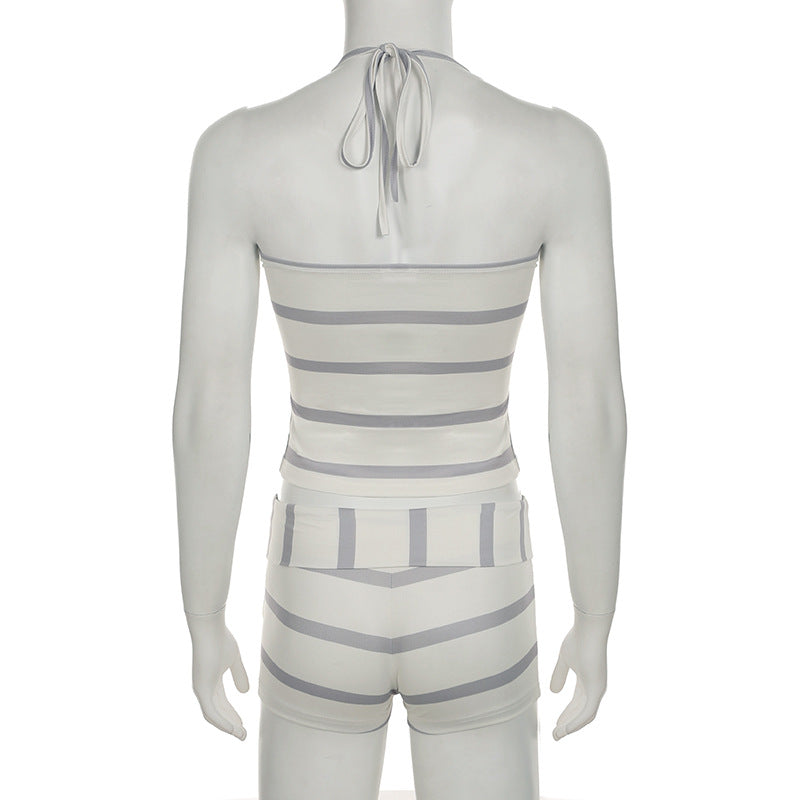 Women Casual Holidays Printed Striped Contrast Halter Neck Strap Top and Shorts Two-Piece Set 8