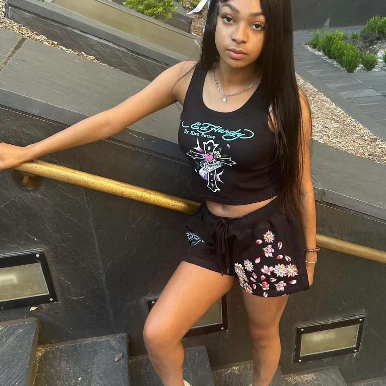 Women Trendy Street Sports Print Top and ShortsTwo Piece Set 3