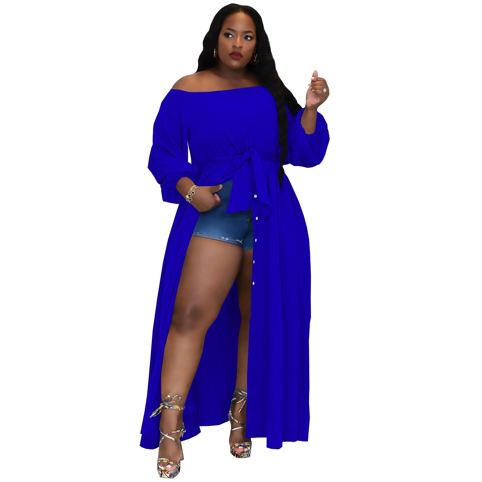 Plus Size Women Long Sleeve Pocket Button Slit Dress 5