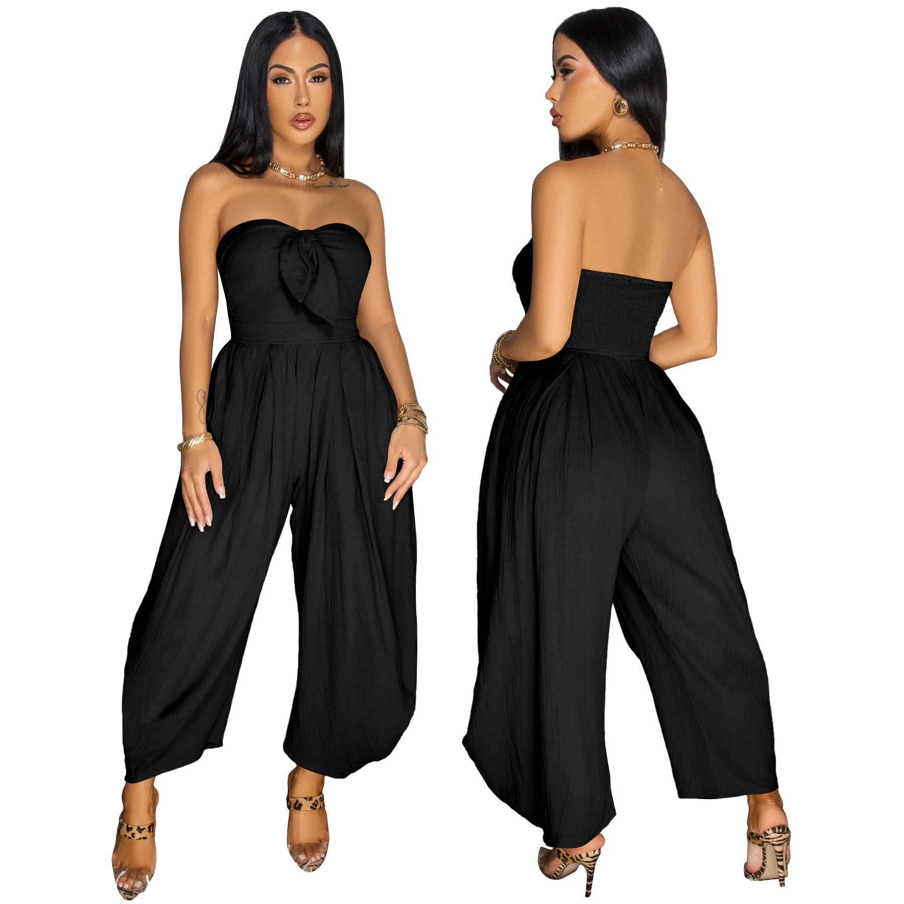 Women's Summer Sexy strapless Solid Color loose Jumpsuit 3