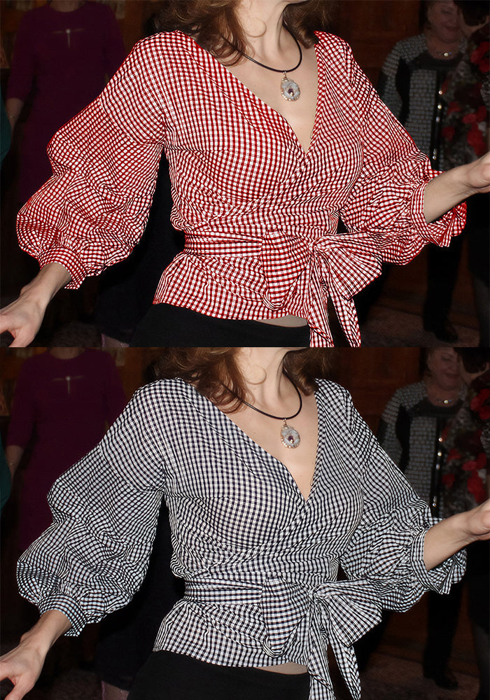 Summer Plus Size Fashion V-Neck Bubble Sleeves Lace-Up Plaid Shirt Top