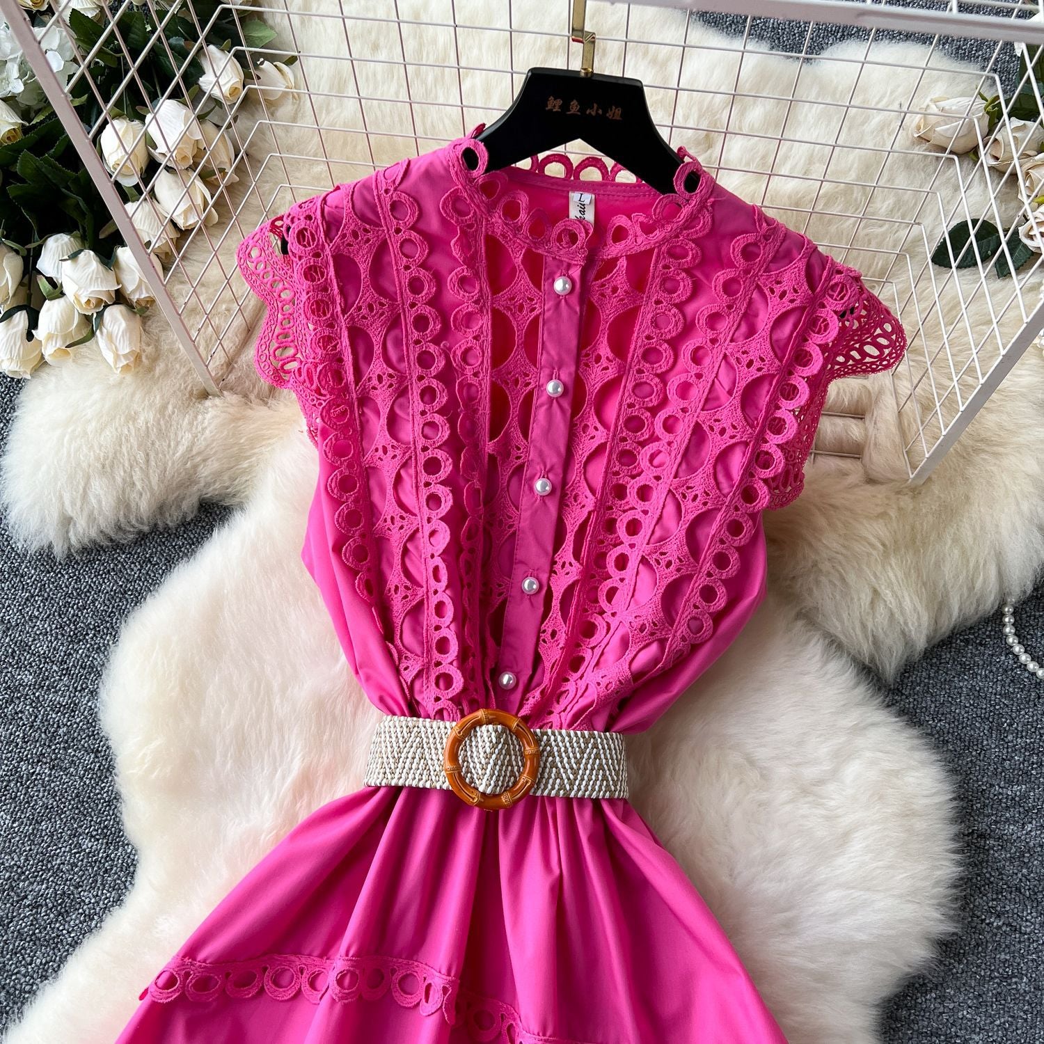 Women Vintage French Elegant Cutout Lace Patchwork Sleeveless Dress 17